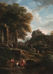 Ön planda figürler, solda harabeler ve ortada fedakarlık yapan bir figür (tuval üzerine yağlı boya) ile klasik bir manzara by Jan Frans van Bloemen