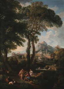 Ön planda bir yolda birbirini selamlayan figürlerin olduğu klasik bir nehir manzarası, uzaktan bir şehir manzarası (tuval üzerine yağlı boya) by Jan Frans van Bloemen