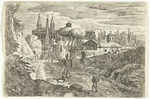 Şehir Surlarında Gezginlerle İtalyan Manzarası by Jan Frans van Bloemen