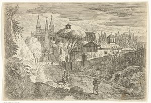Şehir Surlarında Gezginlerle İtalyan Manzarası by Jan Frans van Bloemen