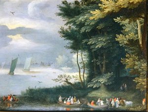 Kayıklara binen Figürlerle Gölün Kıyıları (tuval üzerine yağlı boya) by Jan Frans van Bredael