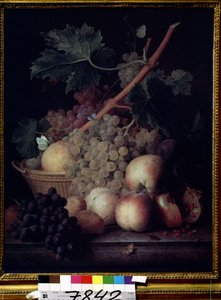 ""Meyveler"" Kelebekler ve yaban arısı ile şeftali, üzüm, armut ve nar natürmort. Jean Francois van Dael