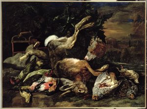 Hare, Song Birds ve Bird Net ile Bir Spaniel Ötesinde Natürmort