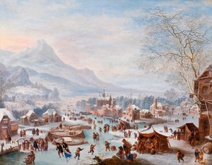 ""Patencilerle Kış Manzarası" (Patencilerle Kış Manzarası) Tablo Jan Griffier (yaklaşık 1652-1718) - Bakır üzerine yağlı boya - Boyut 43x55 cm Hallwylska Museet, Stockholm