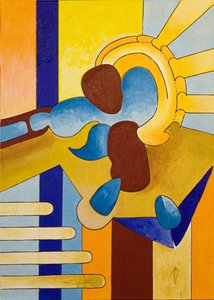 Evin Ruhu, parlak güneş ışığında, yapım aşamasında olan yeni Evi inceliyor, 2007 (tahta üzerine yağlı boya) by Jan Groneberg