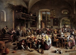 Bir handa parti Müzisyenler, oyuncular, içki içen erkekler ve kadınlar - Tablo Jan Havicsz (Havicsz) Steen (1626-1679)