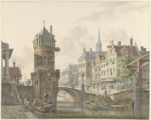 Taş köprünün yanında tareti olan bir şehirde kanal by Jan Hendrik Verheijen
