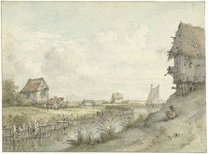 Kulübeler arasında bir eskiz sanatçısı ile nehir manzarası by Jan Hulswit
