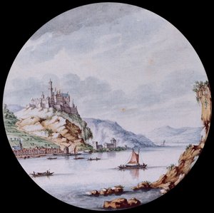 Köy St. Goar ve Rheinfels Kalesi ile Ren Nehri Boyunca Bir Görünüm (siyah kurşun, kalem, gri mürekkep ve sulu boya)