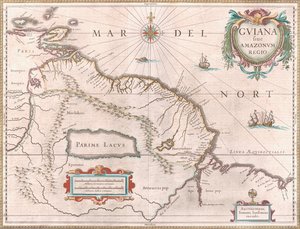 Guyana bölgesini gösteren 1649 dolaylarında oluşturulan bir harita. İspanya tarafından batıda kırmızıyla iddia edilen bölge, Hollanda Guyanası sarıyla ve Portekiz bölgesi güneydoğuda kırmızıyla vurgulandı. Efsanevi Parime Gölü de görülebilir