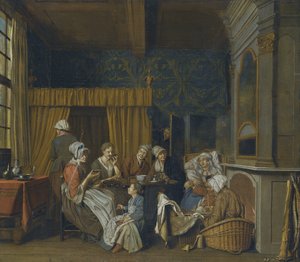 İkizlerin doğumunu kutlarken çay içen bir aile by Jan Josef Horemans the Younger