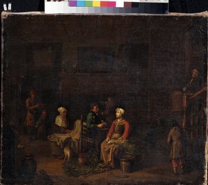 "Mutfak" (Mutfak) Ustaları için yemek hazırlayan hizmetçiler, sebze doğrayan bir kadın, arkasında bir çamaşır teknesinin yanında, bir adam içerken tartışıyor. Jan Joseph Horemans the Elder (1682-1759) tarafından tablo 18. yüzyıl Mik