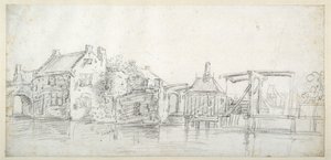 Bir gişe ve gişe köprüsü de dahil olmak üzere binaları olan bir kanal, c.1650 (beyaz kağıt üzerine siyah tebeşir) by Jan Josefsz. van (circle of) Goyen
