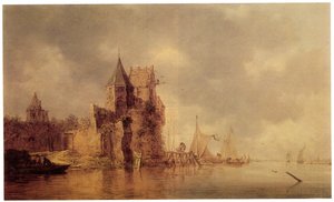 İskelede yelkenli gemiler ve ön planda bir kayık ile bir kale surunda bir ortaçağ kulesi, c.1642 (panelde yağlı boya) by Jan Josephsz van Goyen