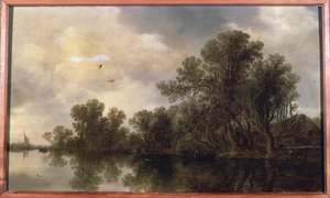 Ormanlık bir nehir manzarası, bir kulübede ve bir feribotta kayıkta köylüler, uzakta bir yelkenli tekne, 1633 by Jan Josephsz van Goyen