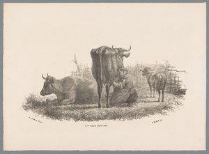 Sağım çiftçinin karısı, iki inek ve bir koç Beesten Studien, J. Kobell