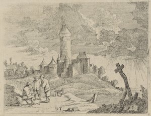 Kale ve üç adam ile manzara by Jan Lauwryn Krafft (I) (possibly)