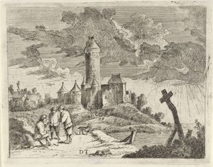 Kale ve üç adam ile manzara by Jan Lauwryn Krafft (I) (possibly)