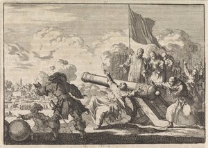 Bir topun altı keşiş tarafından kutsandığı Groningen Kuşatması, 1672 by Jan Luyken
