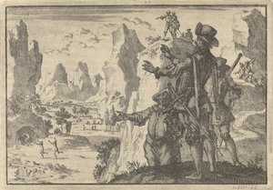 Silahlı İspanyollar tamamen vahşi insanlara kayalardan bakıyorlar, yaklaşık 1600 by Jan Luyken