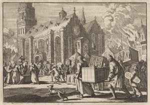 Spiers sakinleri iyi niyetle mobilyalarını katedrale getirirler ve burada daha sonra Fransız general Monclar tarafından yakılır, 1689 by Jan Luyken
