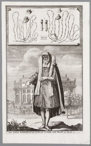 Yahudi adam, dua için giyinmiş. Arka planda Amsterdam Portekiz Sinagogu by Jan Luyken