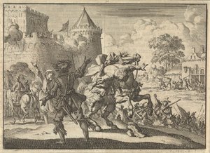 İmparatorluk Komutanı Dampier, Presburg (Bratislava) surlarından bir kurşunun ardından atından düşüyor, 1620 by Jan Luyken
