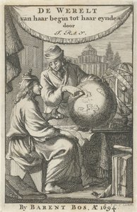İki adam bir küreyi inceliyor Başlık sayfası: J. Ray, Başından Sonuna Kadar Dünya, 1694 by Jan Luyken