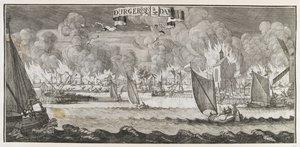 1687 yangını sırasında Amsterdam yakınlarındaki Durgerdam köyünün görünümü (gravür) by Jan Luyken