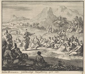 İlk Hıristiyanlar Vahşi Doğada Bir Vaaz Dinlerler Tarlada dini toplantı (nesne üzerinde başlık) by Jan Luyken