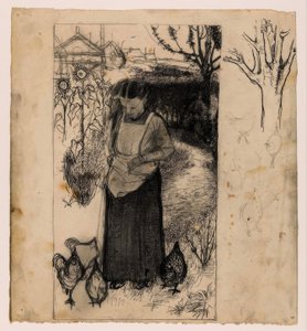 Annie Mankes-Zernike tavukları besliyor, sağda: ağaç ve tavuk çalışmaları by Jan Mankes