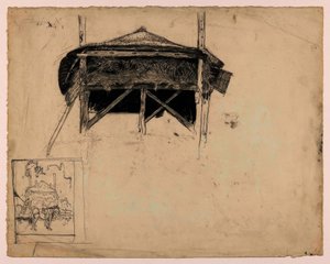 Samanlık çalışması, sol alt: Samanlığın önündeki bir atın taslağı. by Jan Mankes
