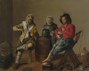İki erkek ve bir kız, müzik yapıyorlar. 1629