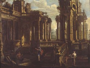 Bir savaşçı, bir satir ve bir periyi kovalayan Cupid ile klasik harabelerin bir capriccio