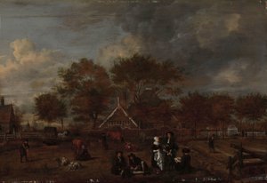 Ön planda Beyefendi Çiftçi ve Karısı ve Ressam ile Çiftlik by Jan Pietersz Opperdoes