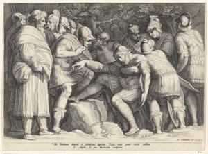 Scipio, oğulları tarafından savaş alanından taşınır. by Jan Saenredam