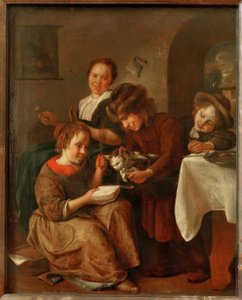 Çocuklar bir kediye okumayı öğretiyor by Jan Havickszoon Steen