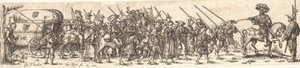 Askerlerin inandığı, önünde at sırtında bir subay by Jan Theodor de Bry
