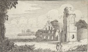 Yıkılmış bir kilise ve sohbet eden iki çoban ile manzara by Jan Van de Velde