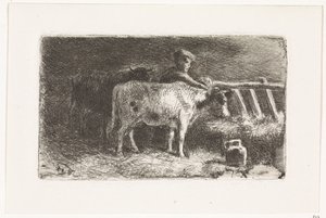 Çiftçi, ahırda (küçük varyant) bir rafta iki inek arasında by Johannes Martinus Vrolijk