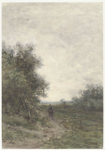 Bir binici ve bir koyun sürüsü ile bir çoban ile manzara by Johannes Martinus Vrolijk