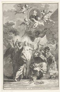 yazar Edward Simson portresi ile alegorik başlık sayfası Başlık sayfası: Edward Simson, Chronicon historiam catholicam complectens, 1729