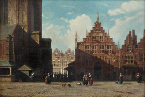 St. Bavo kilisesi ve Vleeshal, Haarlem ile birlikte Grote Markt'ın güneşli bir görünümü (panel üzerine yağlı boya)