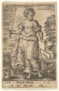Adalet, sol elinde terazi, sağ elinde kılıç tutan alegorik bir figür..., 1579.