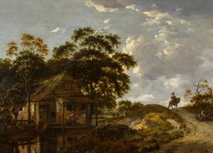 Nehir kenarında bir kulübe ve çömlek karıştıran bir kadın, patikada at sırtında bir beyefendi ile manzara by Jan Wijnants
