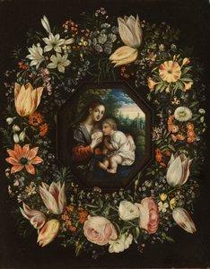 Madonna ve Çocuk bir çiçek çelengi içinde, c.1625 (bakır üzerine yağlı boya) by Jan and Balen, Hendrik van Brueghel
