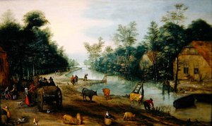 Bir Hana Gelen Yolcularla Yazın Ormanlık Bir Nehir Manzarası (panelde yağlı boya) by Jan the Elder (circle of) Brueghel