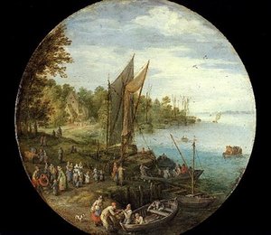 Feribotlu ağaçlık bir Haliç (panelde yağ) by Jan the Elder Brueghel