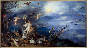 Hava genç çıplak kadın alegorisi, her tür kuşla çevrilidir. Jan Brueghel tarafından yapılan boyama Le Vieux, Brueghel de Velours