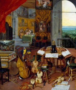 Müzik aletlerini (çello, keman, ud, flüt, klavsen) temsil eden detaylı işitme. Jan Brueghel tarafından yapılan boyama Le Vieux, Brueghel de Velours